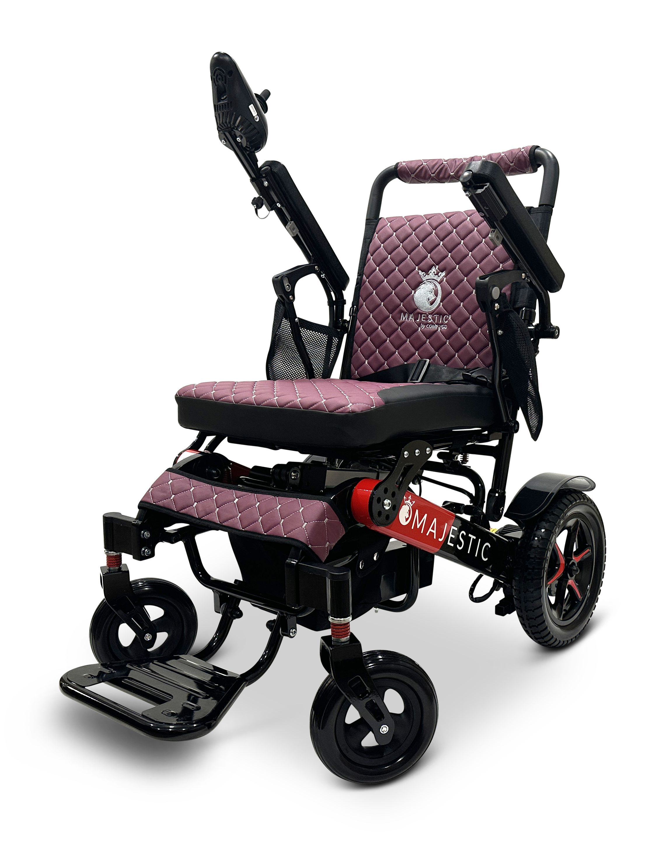 The MAJESTIC IQ-7000 Auto Folding Remote Controlled Electric Wheelchair boasts an intelligent joystick and a stylish maroon quilted seat with adjustable armrests. Its elegant black frame is designed with small front and rear wheels, featuring the name Majestic prominently on the side.